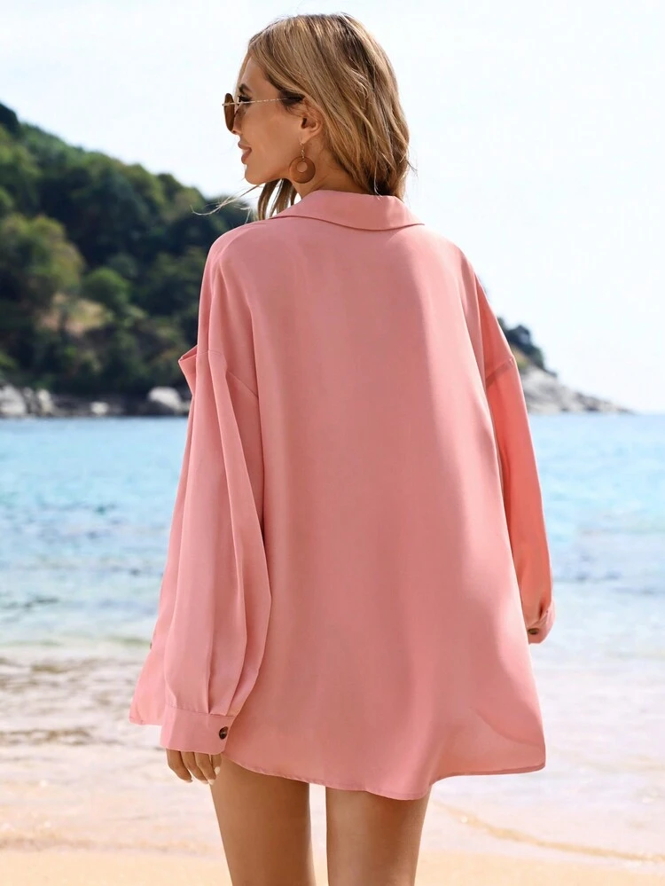 Vacation Plain Woven Criss-Cross Twist Cami And Long Sleeve Shirt Two Pieces Set