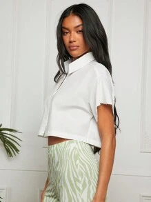 SHEIN EZwear Women's Solid Color Drop Shoulder Cropped Shirt - White - View 4