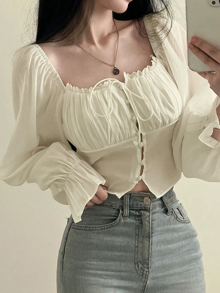 Women's Frill Edging Pleated Bell Sleeve Shirt,Back To School Clothes Crop Women Tops Long Sleeve Top Babydoll Top