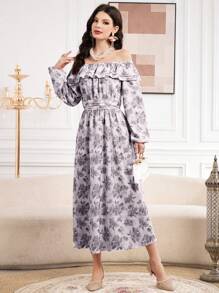 Modelyn Women's Printed Off Shoulder Dress Long Evening Dresses Fall Cloth For Women - Grey - View 7