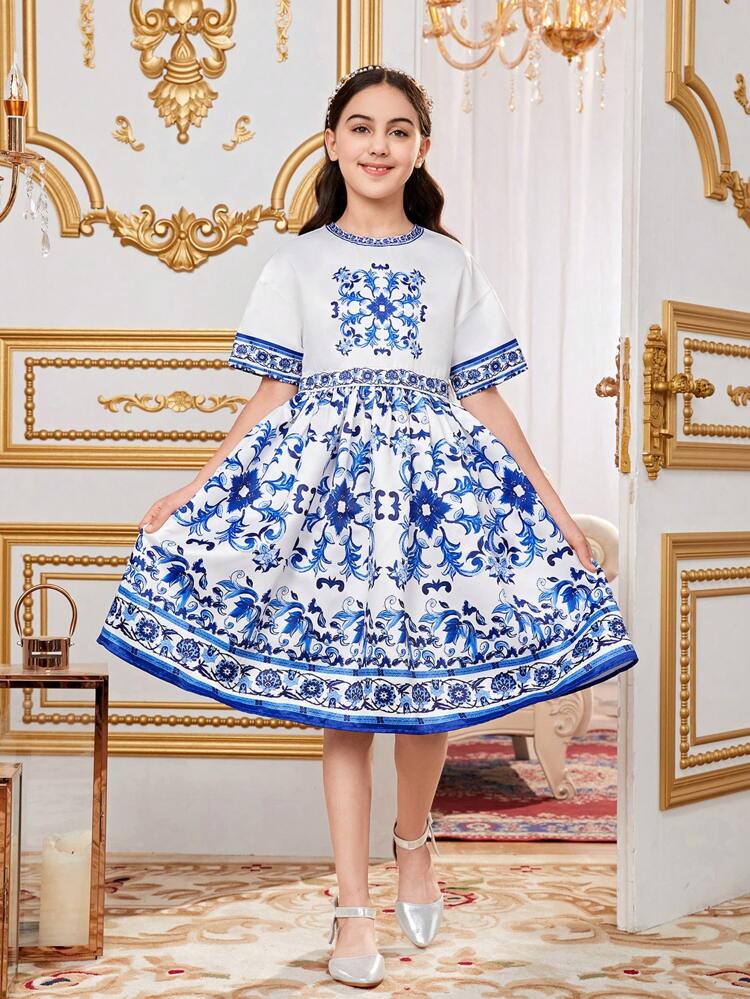 Tween Girl Loose Fit Casual Round Neck Short Sleeve Dress With Positioning Print Design
