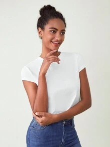 SHEIN BASICS Cap Sleeve Solid Tee For Summer - White - View 4