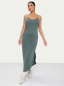 SHEIN Maternity Curved Hem Solid Dress - Dark Green - View 4