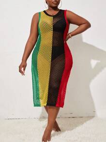 SHEIN Slayr CURVE Summer Beach Plus Size Color Block Hollow Out Knit Cover Up - Multicolor - View 4