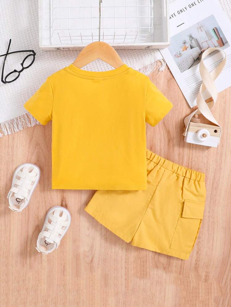 Baby Boy Or Girl Cartoon Animal Pattern Round Neck Short Sleeve T-Shirt And Casual Shorts Set