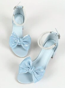 Women's Faux Pearl Chain Strap Chunky Heel Sandals Bow Tie Butterfly Decor Princess Wedding Shoes,Spring Summer Outfits - Blue - View 7