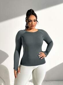 Gameset SHEIN Sport Plus Size, High Stretch, Round Neck, Dolman Sleeve, Thumb Hole Women's Sports T-Shirt