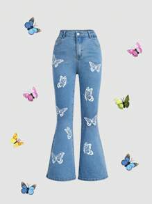 SHEIN Jeans acampanados con bolsillos en diagonal y estampado de mariposas estilo boho primavera-verano para niña preadolescente, verano - Lavado ligero - Ver 1
