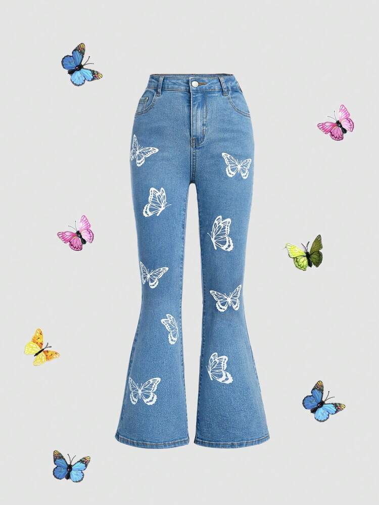Tween Girl Y2K Spring Summer Boho Butterfly Print Slant Pocket Denim Flare Leg Jeans, Summer