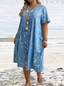EMERY ROSE Plus Size Summer Floral Printed Short Sleeve Dress - Blue - View 5