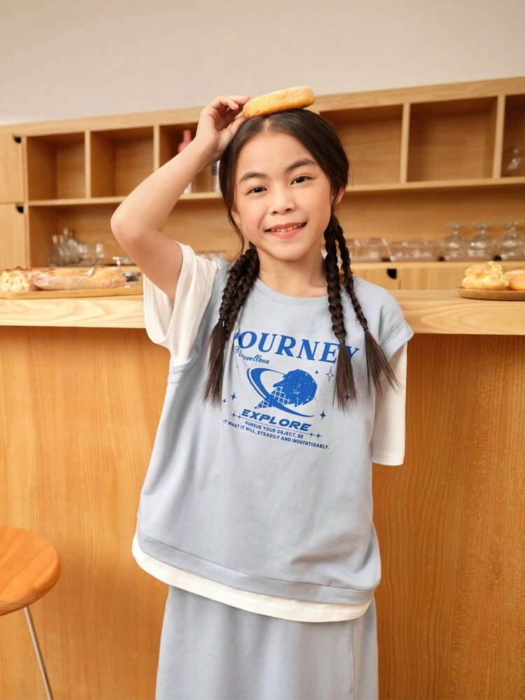 Tween Girls' Loose Casual Color Block Patchwork Two-Piece Outfit