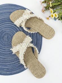 女款圓頭十字綁帶流蘇珍珠扣平底涼鞋,簡約舒適設計拖鞋 - 杏色 - 查看 3