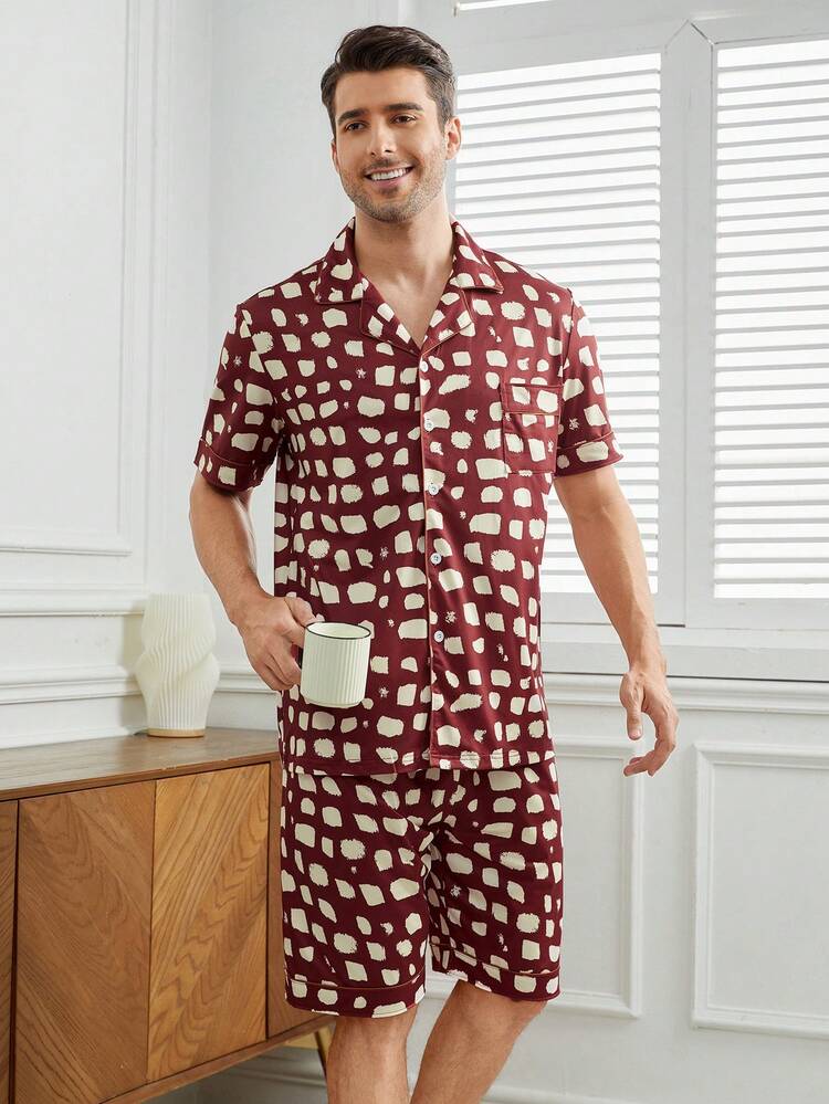 Men's Printed Short Sleeve Shirt And Shorts Set For Home Wear