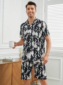 Men's Printed Button Down Short Sleeve Top And Shorts Homewear Set - Black - View 5