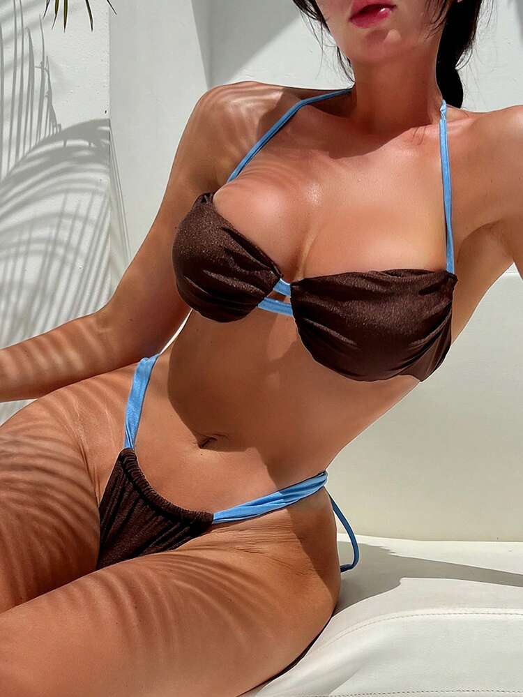 Color Block Halter Bikini Set, Underwire Thong Bikini Set Bathing Suit Beach Outfit Summer Vacation