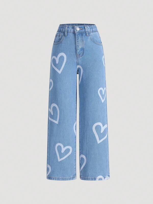 SHEIN Wildeya Girls Loose Fit Heart Print All-Match Versatile Straight-Leg Jeans, Suitable For All Seasons