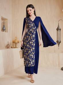 Al Najma Ladies' Arabic Style Dress With Split Sleeves And Golden Printed Design