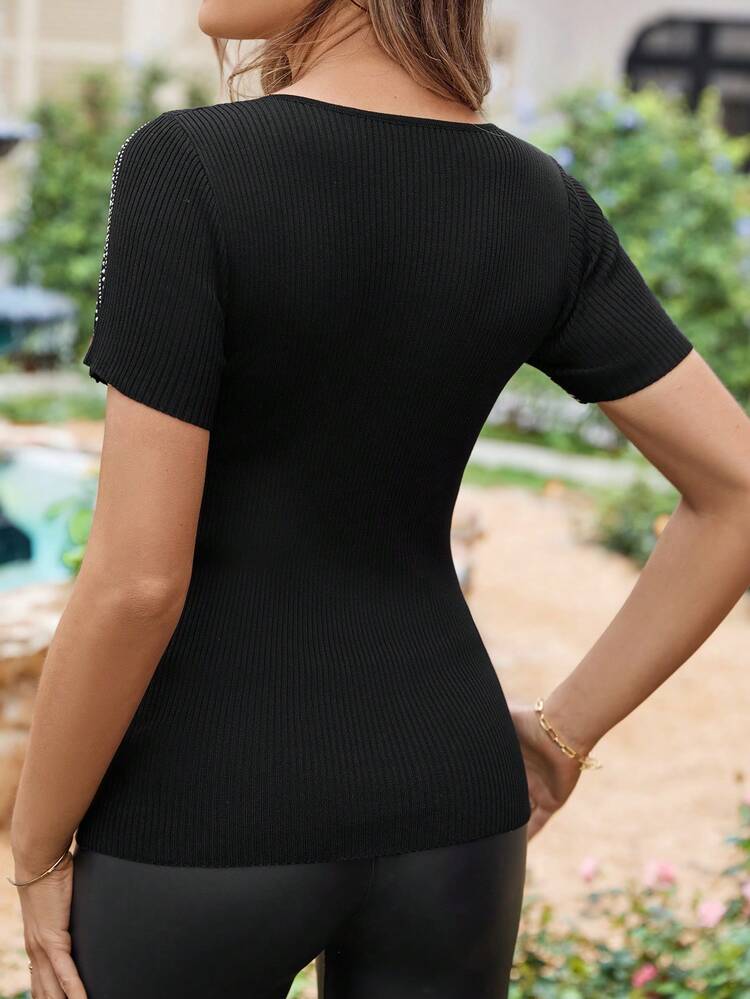 Elegant Rhinestone Embellished Short Sleeve Knitted Top