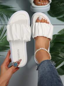 Sandalias blancas de plataforma y suela gruesa para mujeres con diseño de correa arrugada de moda, para el Día de San Valentín - Blanco - Ver 1