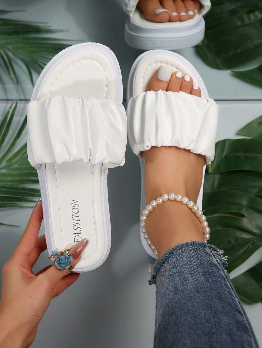 Sandalias blancas de plataforma y suela gruesa para mujeres con diseño de correa arrugada de moda, para el Día de San Valentín - Blanco - Ver 1