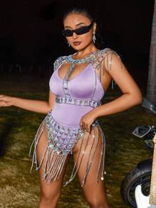 Zolique Sequin Shiny Chain Fringe Hollow Out Top And Skirt, Crystal Diamond Decoration - Silver - View 4