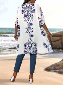 EMERY ROSE Plus Size Women'S Relaxed Fit Casual Jacket With Printed Graphics For Summer Winter Fall Autumn - Blue and White - View 2