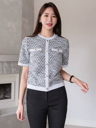 DAZY Color-Blocked Herringbone Round Neck Knitted Short Sleeve T-Shirt Summer