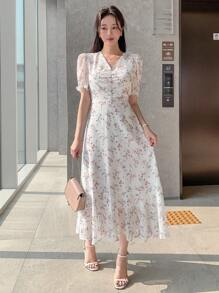 DAZY 女士V领荷叶边短袖碎花连衣裙 吊带裙 度假装 女式连衣裙 波西米亚风 - 白色 - 查看 4