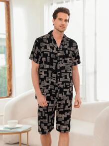 Conjunto De Ropa De Hogar De Manga Corta Y Pantalones Cortos Con Estampado Geométrico Para Hombres
