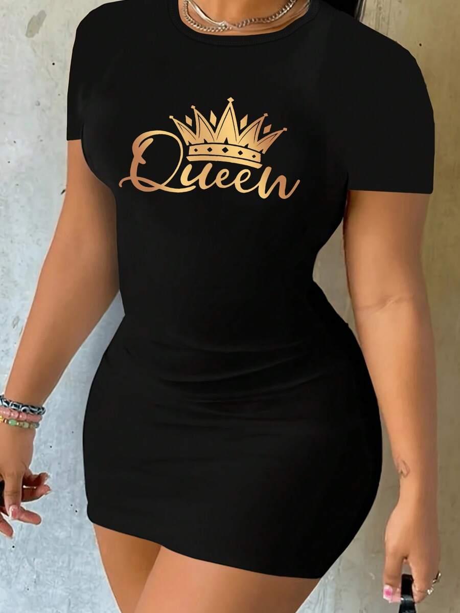 SHEIN 女士緊身迷你裙,帶有皇冠和字母印花 - 黑色 - 查看 1