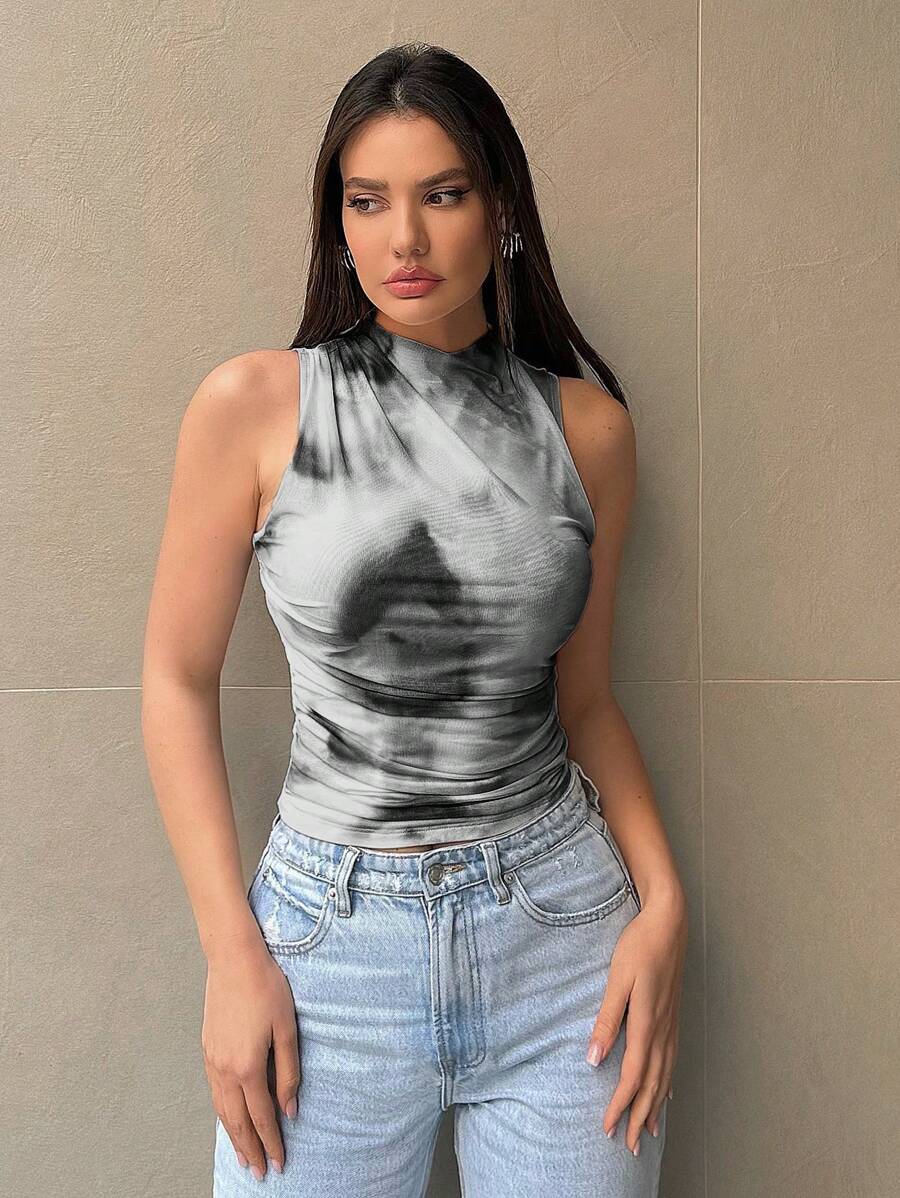 SHEIN Essnce 女士扎染无袖上衣，立领设计，褶皱细节 - 黑色 - 查看 1