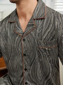 Men's Botanical Print Short Sleeve T-Shirt And Shorts Pajama Set - Black and White - View 5