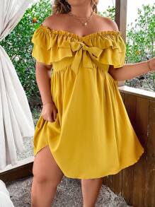 Flirla Plus Size Solid Color Off Shoulder Ruffle Hem Tie Dress - Yellow - View 7