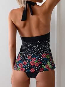 SHEIN Swim Đồ bơi Tankini hở lưng in họa tiết hoa bãi biển mùa hè - màu đen - Xem 2