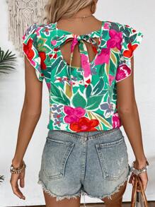 SHEIN LUNE 女士圓領短袖衣,波浪飄袖設計 - 綠色 - 查看 2