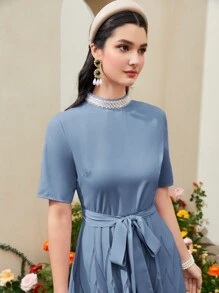 Modelyn 女士串珠裝飾立領連衣裙 - 藍色 - 查看 5
