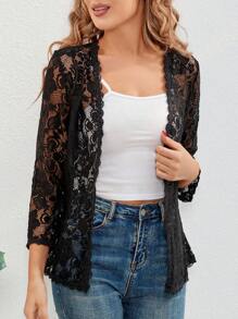 Women's Fashionable Versatile 3/4 Sleeve Lace Jacket - Black - View 1