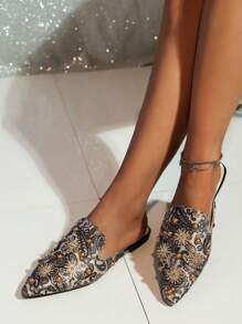 Giày đế bằng được trang trí bằng pha lê mũi nhọn dành cho nữ, Dép thời trang cổ điển thiết kế nửa con la, Giày kiểu dáng bóng & lộng lẫy dát pha lê - Màu be - Xem 2