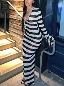 Vestido de manga larga con cuello en V profundo y estampado de rayas, adecuado para el verano