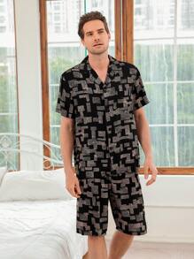 Conjunto De Ropa De Hogar De Manga Corta Y Pantalones Cortos Con Estampado Geométrico Para Hombres