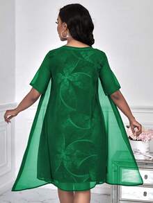 SHEIN Lady Váy voan nửa trong in thực vật xuyên qua vải tay ngắn bên trong-bên ngoài Váy 2 trong 1 - Màu xanh lá cây đậm - Xem 2