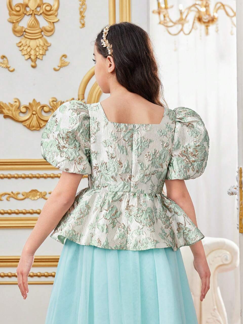 Tween Girl Lovely Light Palace Style Square Neck Puff Sleeve Jacquard Shirt