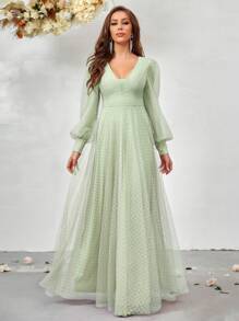 SHEIN Belle Women's V-Neck Lantern Sleeve Mesh Bridesmaid Dress