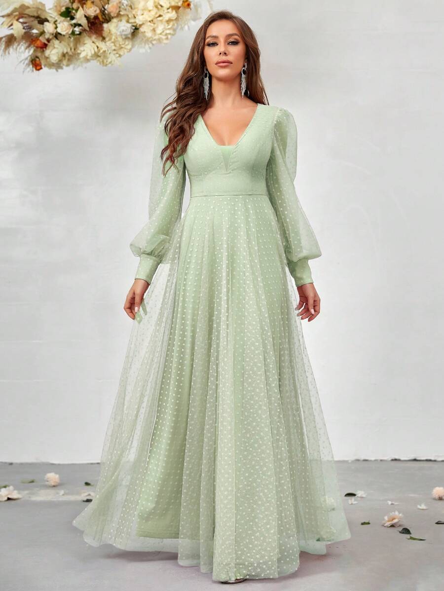SHEIN Belle Women's V-Neck Lantern Sleeve Mesh Bridesmaid Dress