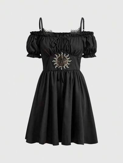 Hippie Ladies' Open Shoulder Lace Patchwork Sunflower Embroidery Dress