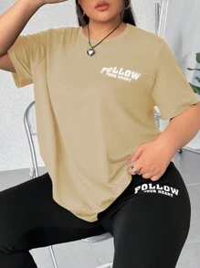 CovetEZ Plus Size Alphabet Printed T-Shirt And Leggings Set - Apricot - View 6