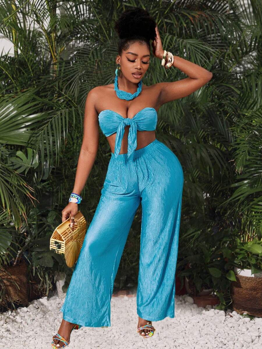 Slaydiva Damen-set Aus Modischem, Einfarbigem, Strukturiertem Material, Trägerlosem Oberteil Und Hose - Blau - Übersicht 1