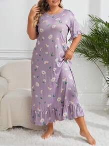 大码女式花卉印花荷叶边睡衣裙，长裙，Moo Moo