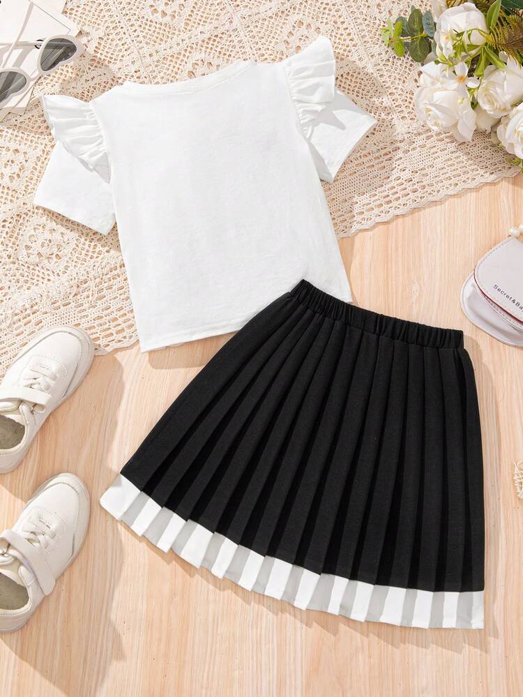 Young Girl Urban Casual Short Sleeve T-Shirt With Slogan Print And Colorblock Pleated Skirt Outfit Set