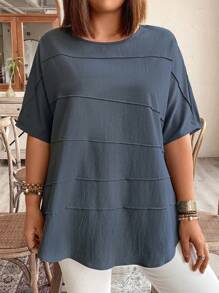 EMERY ROSE Women's Plus Size Simple Solid Color Short Sleeve Round Neck Blouse - Blue - View 5
